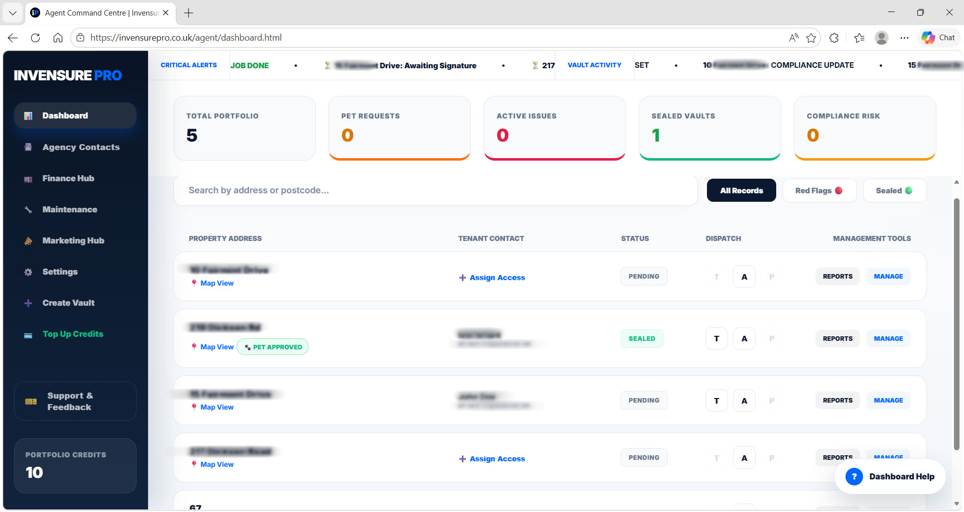 Invensure Pro technology view showing vertically integrated landlord compliance workflows, portfolio status and evidence-led operations in one platform.